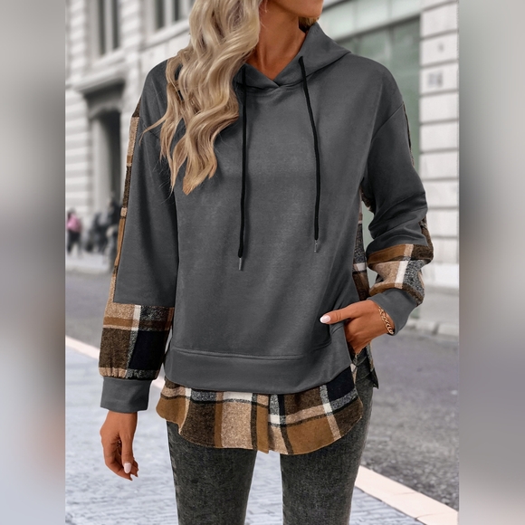 Just Jen Tops - Gray Plaid Women's Drawstring Hoodie With Side Slit